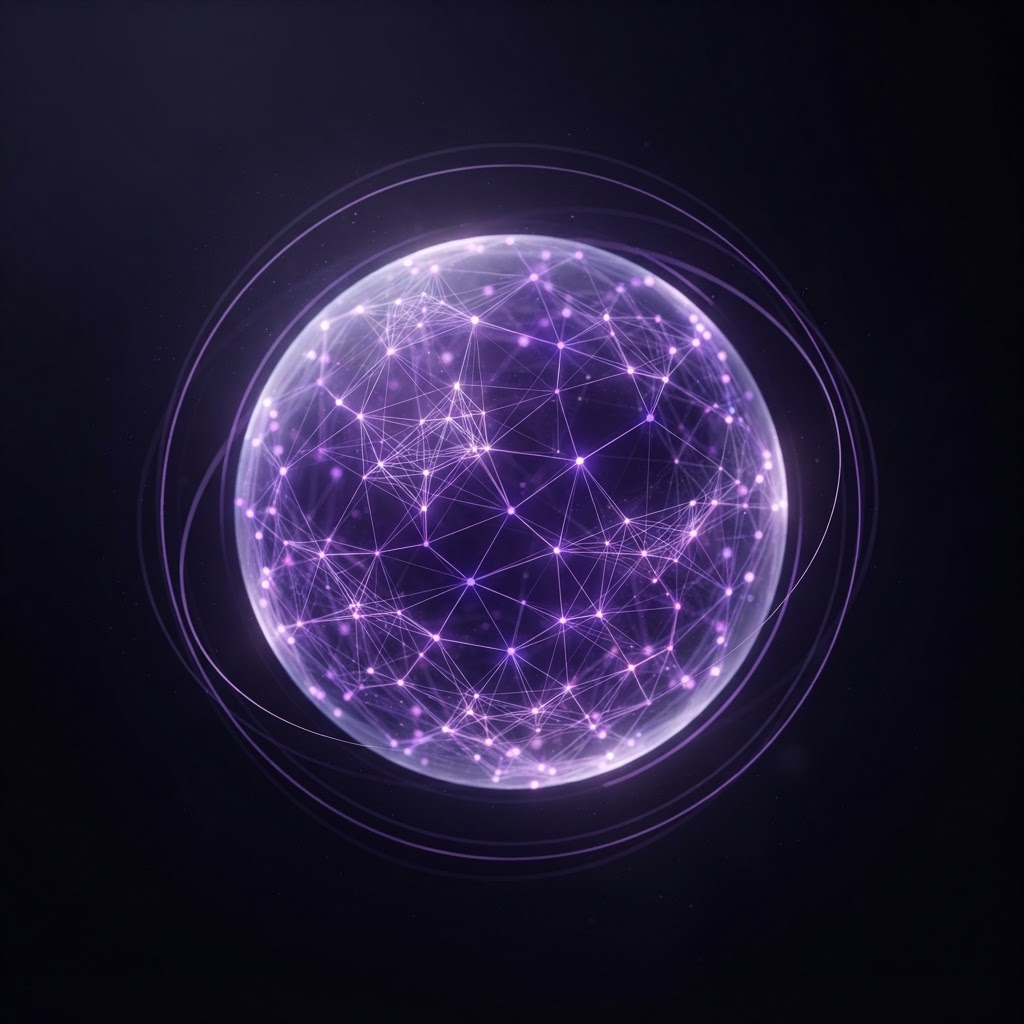 Abstract sphere of interconnected glowing nodes representing FIXIO's global supply network